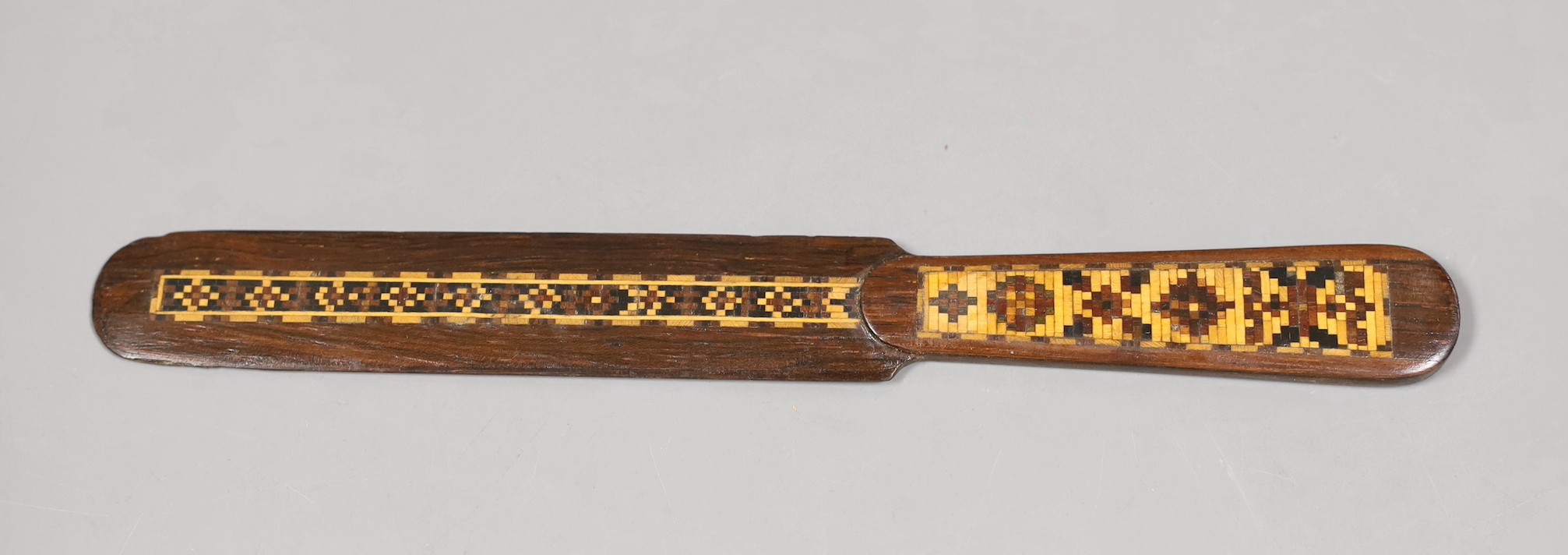 A 19th century Swiss oil on panel, a Tunbridgeware box and paperknife and other wood wares